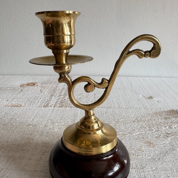 Vintage Wood Base Brass Handled Candle Stick Holder - Picture 4 of 9